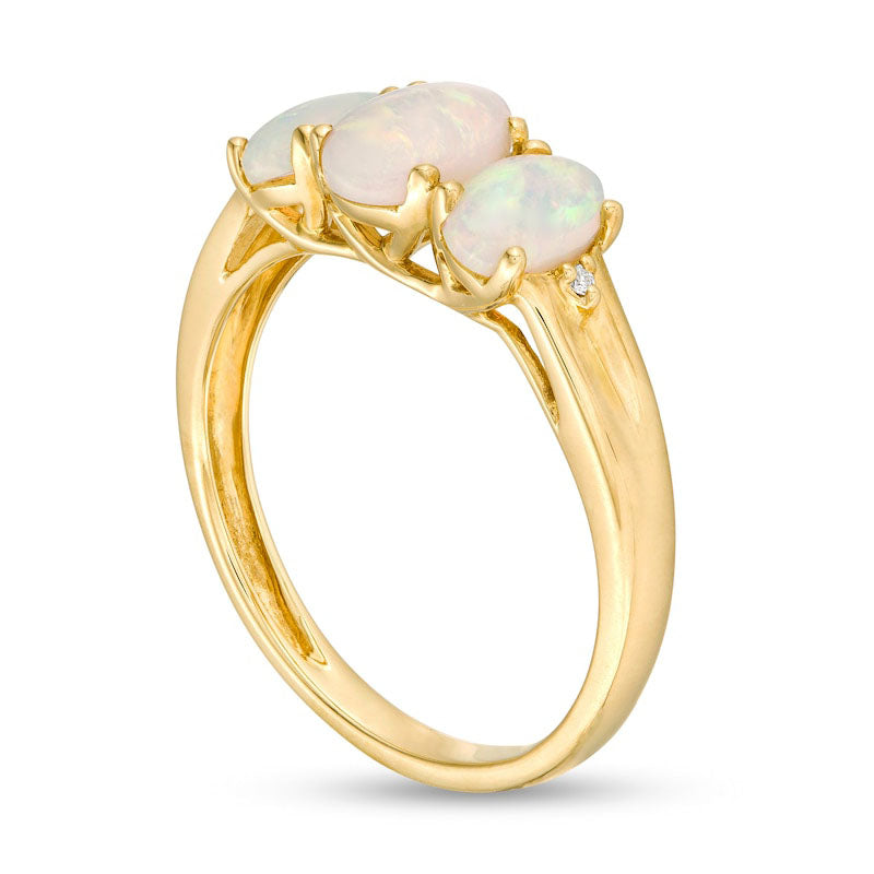 Oval Opal and Natural Diamond Accent Three Stone Ring in Solid 10K Yellow Gold