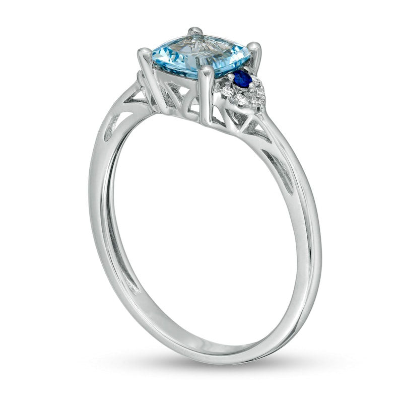 6.0mm Cushion-Cut Aquamarine, Blue Sapphire and Natural Diamond Accent Ring in Solid 14K White Gold