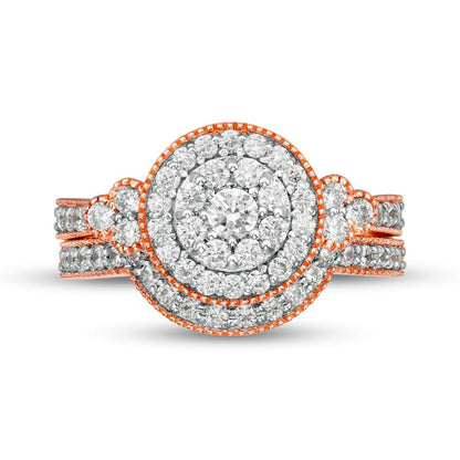 1.0 CT. T.W. Natural Diamond Frame Tri-Sides Antique Vintage-Style Bridal Engagement Ring Set in Solid 10K Rose Gold