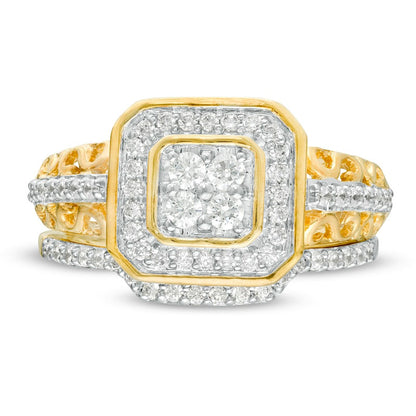 0.50 CT. T.W. Quad Natural Diamond Octagonal Frame Bridal Engagement Ring Set in Solid 10K Yellow Gold