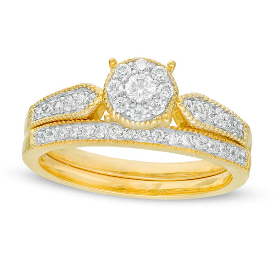0.38 CT. T.W. Natural Diamond Frame Arrow Sides Antique Vintage-Style Bridal Engagement Ring Set in Solid 10K Yellow Gold