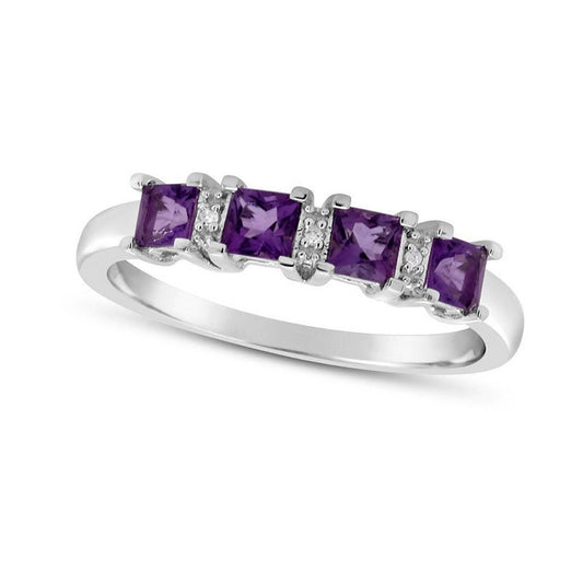 3.0mm Princess-Cut Amethyst and Natural Diamond Accent Alternating Four Stone Ring in Sterling Silver