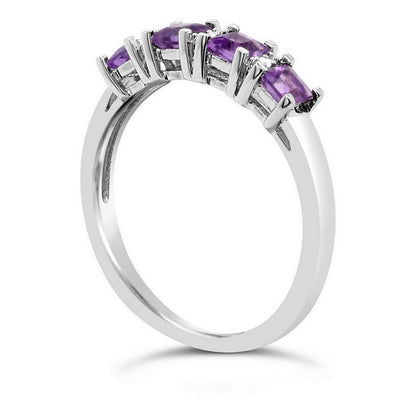 3.0mm Princess-Cut Amethyst and Natural Diamond Accent Alternating Four Stone Ring in Sterling Silver