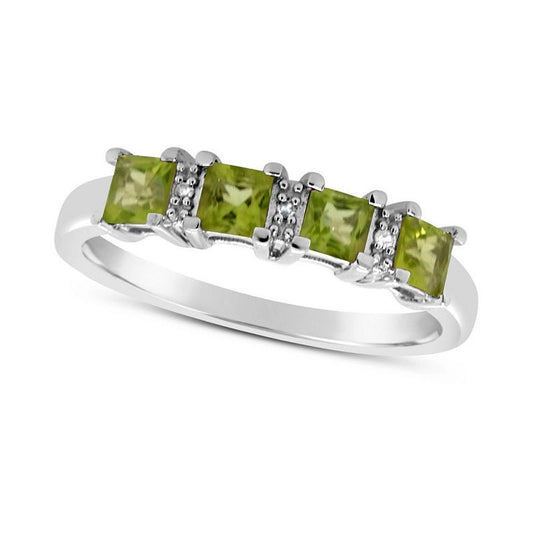 3.0mm Princess-Cut Peridot and Natural Diamond Accent Alternating Four Stone Ring in Sterling Silver