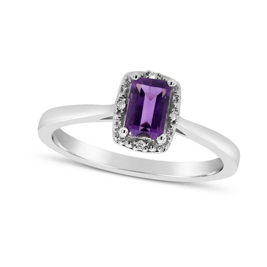 Emerald-Cut Amethyst and Natural Diamond Accent Beaded Frame Ring in Sterling Silver