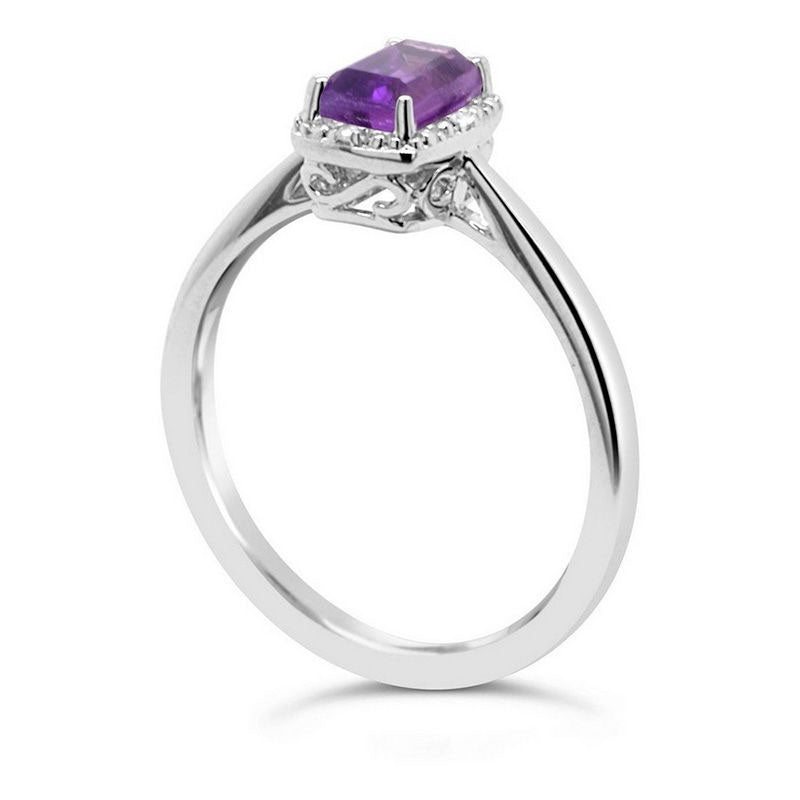 Emerald-Cut Amethyst and Natural Diamond Accent Beaded Frame Ring in Sterling Silver