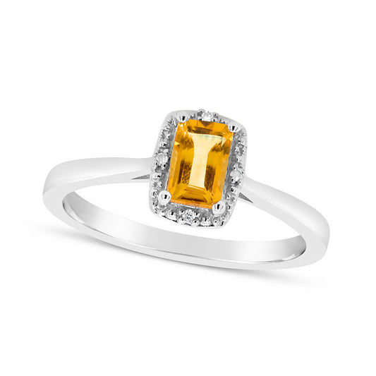 Emerald-Cut Citrine and Natural Diamond Accent Beaded Frame Ring in Sterling Silver