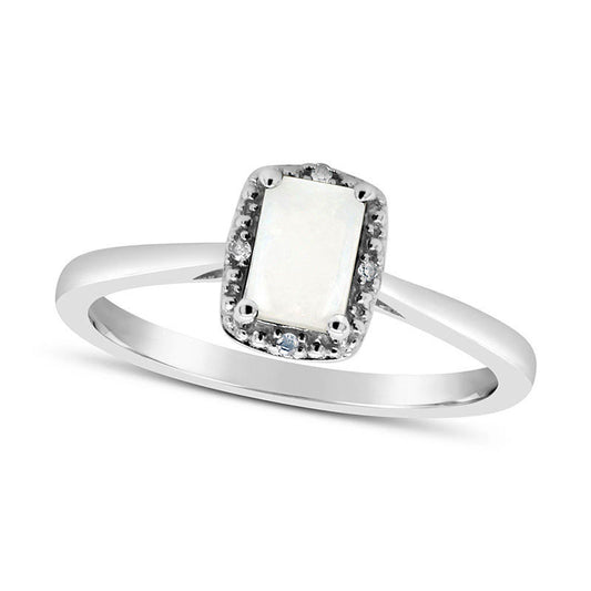 Emerald-Cut Opal and Natural Diamond Accent Beaded Frame Ring in Sterling Silver