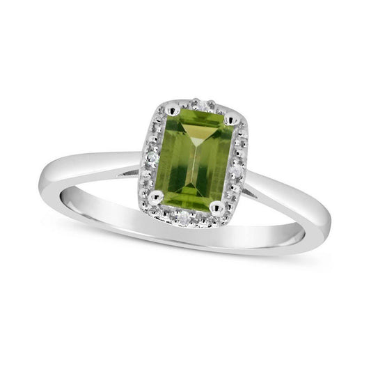 Emerald-Cut Peridot and Natural Diamond Accent Beaded Frame Ring in Sterling Silver