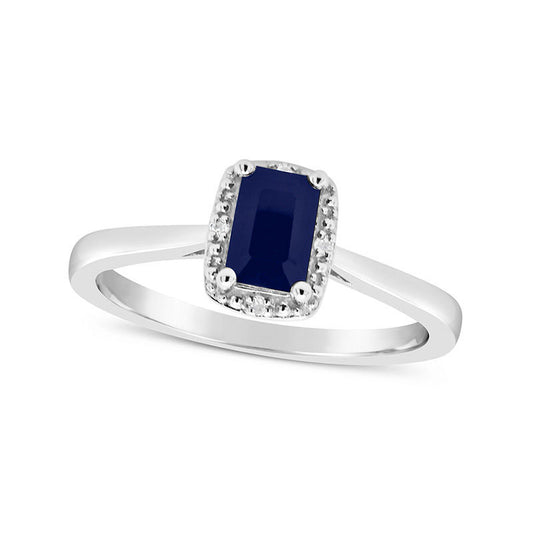 Emerald-Cut Blue Sapphire and Natural Diamond Accent Beaded Frame Ring in Sterling Silver