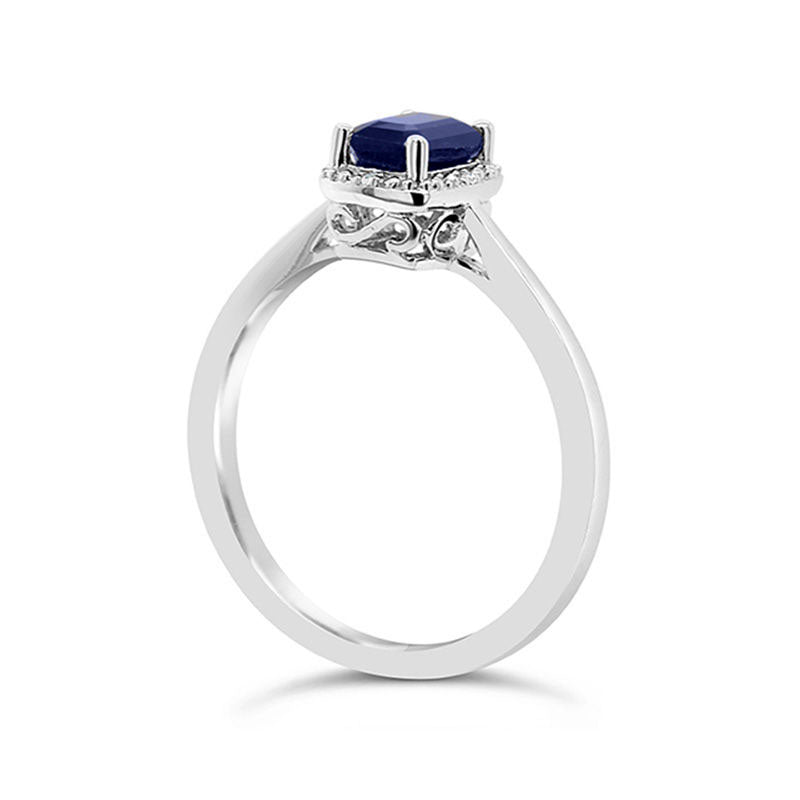 Emerald-Cut Blue Sapphire and Natural Diamond Accent Beaded Frame Ring in Sterling Silver