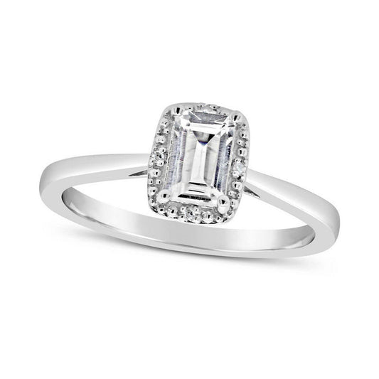 Emerald-Cut White Topaz and Natural Diamond Accent Beaded Frame Ring in Sterling Silver