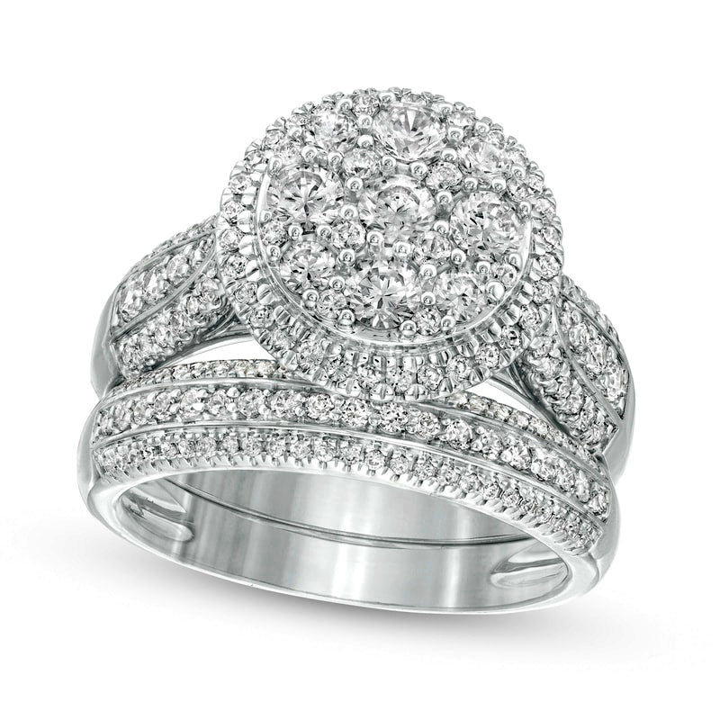 1.5 CT. T.W. Composite Natural Diamond Frame Multi-Row Bridal Engagement Ring Set in Solid 10K White Gold