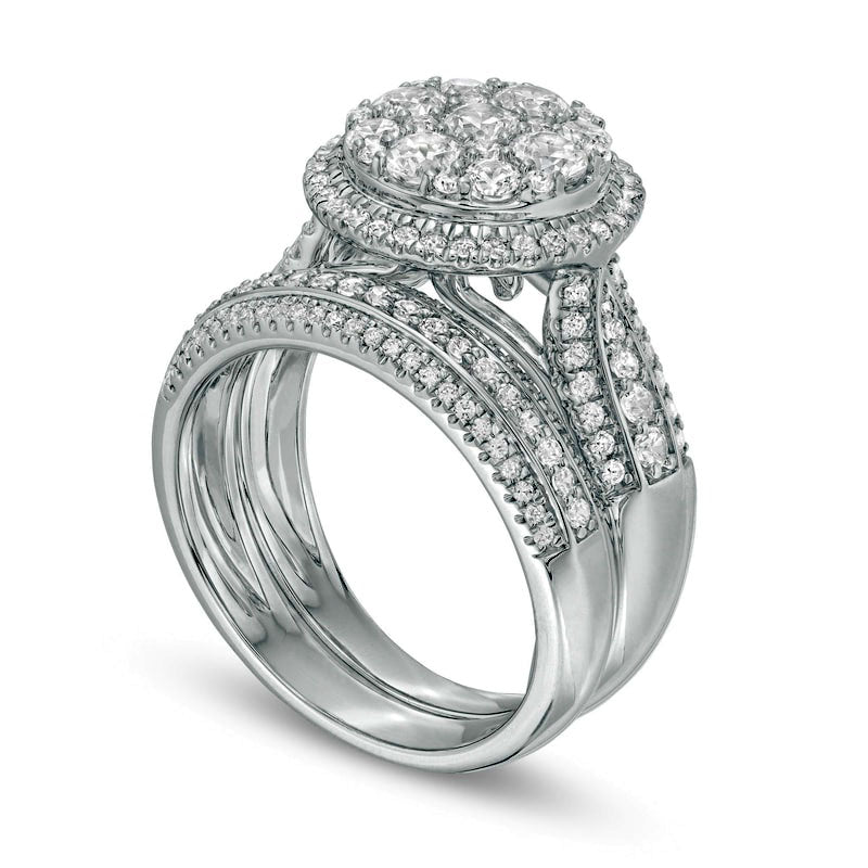 1.5 CT. T.W. Composite Natural Diamond Frame Multi-Row Bridal Engagement Ring Set in Solid 10K White Gold