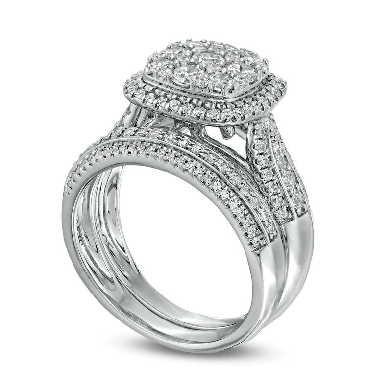 1.5 CT. T.W. Composite Natural Diamond Cushion Frame Multi-Row Bridal Engagement Ring Set in Solid 10K White Gold