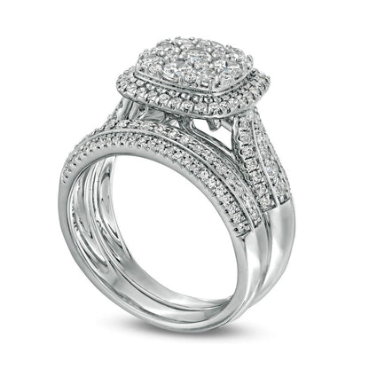 1.5 CT. T.W. Composite Natural Diamond Cushion Frame Multi-Row Bridal Engagement Ring Set in Solid 10K White Gold