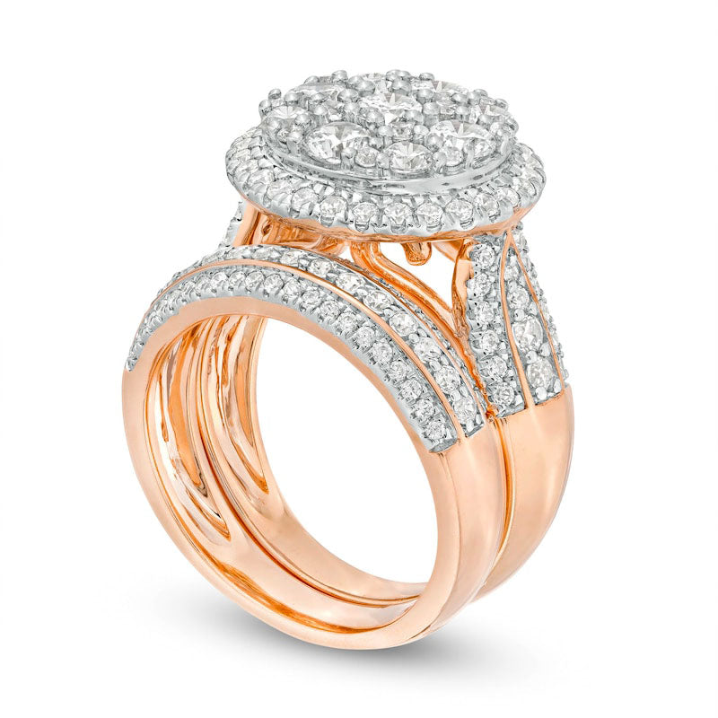 2.5 CT. T.W. Composite Natural Diamond Frame Multi-Row Bridal Engagement Ring Set in Solid 10K Rose Gold