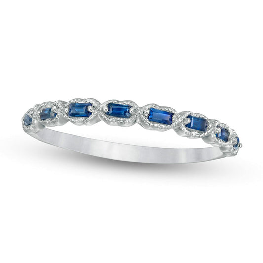 Sideways Baguette Blue Sapphire "X" Antique Vintage-Style Ring in Solid 10K White Gold