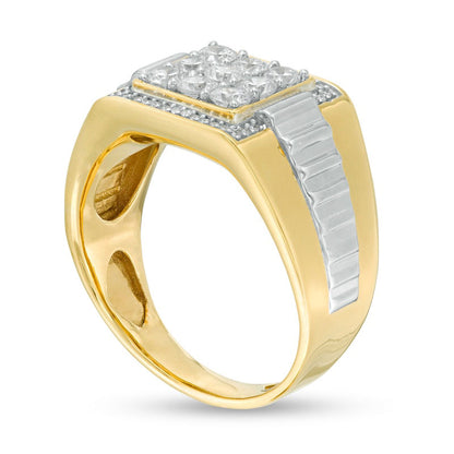 Men's 1.0 CT. T.W. Square Composite Natural Diamond Ribbed Shank Ring in Solid 10K Two-Tone Gold