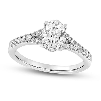 1.0 CT. T.W. Oval Natural Diamond Split Shank Engagement Ring in Solid 18K White Gold (G/SI2)