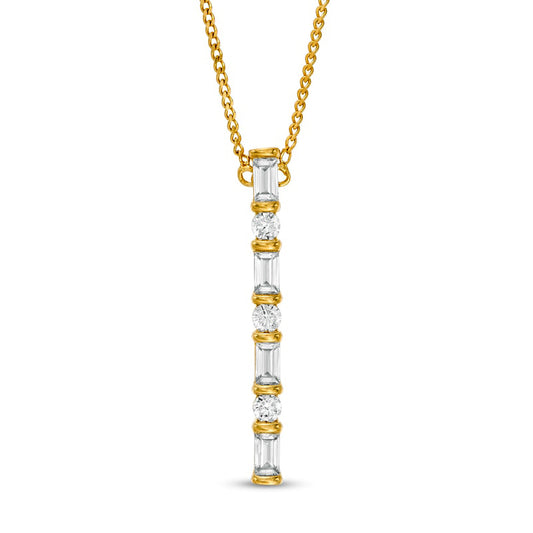 0.25 CT. T.W. Baguette and Round Natural Diamond Vertical Bar Pendant in 10K Yellow Gold