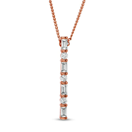 0.25 CT. T.W. Baguette and Round Natural Diamond Vertical Bar Pendant in 10K Rose Gold