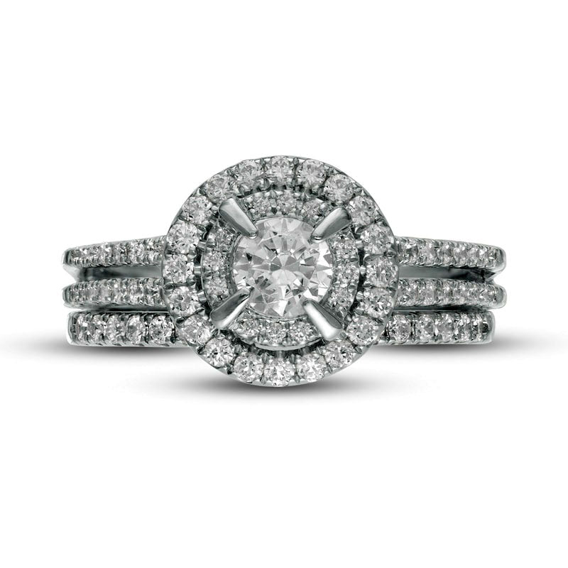 1.0 CT. T.W. Natural Diamond Double Frame Bridal Engagement Ring Set in Solid 10K White Gold