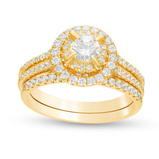 1.0 CT. T.W. Natural Diamond Double Frame Bridal Engagement Ring Set in Solid 10K Yellow Gold