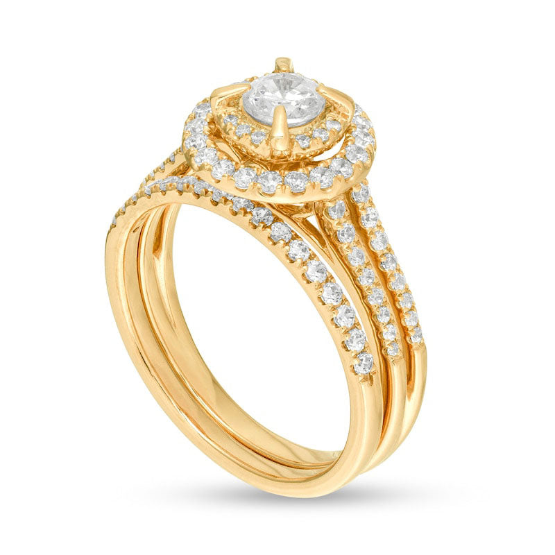 1.0 CT. T.W. Natural Diamond Double Frame Bridal Engagement Ring Set in Solid 10K Yellow Gold