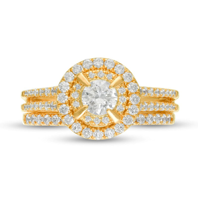 1.0 CT. T.W. Natural Diamond Double Frame Bridal Engagement Ring Set in Solid 10K Yellow Gold