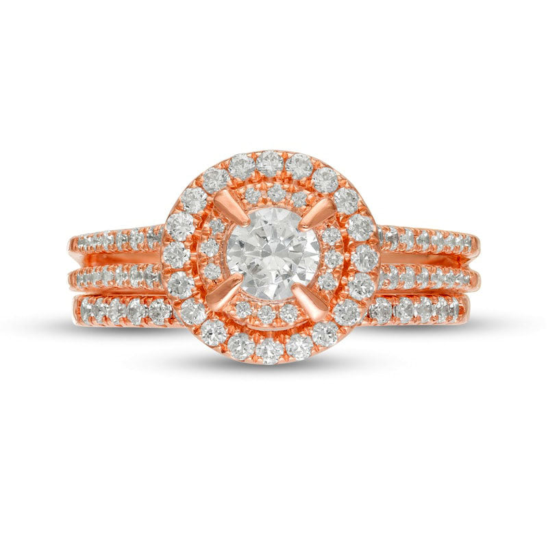 1.0 CT. T.W. Natural Diamond Double Frame Bridal Engagement Ring Set in Solid 10K Rose Gold