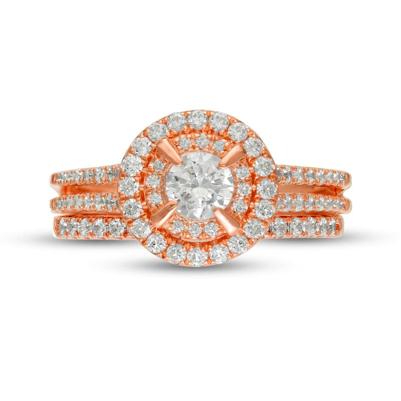 1.0 CT. T.W. Natural Diamond Double Frame Bridal Engagement Ring Set in Solid 10K Rose Gold