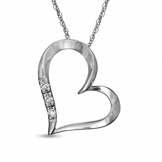 Natural Diamond Accent Three Stone Tilted Heart Pendant in 10K White Gold