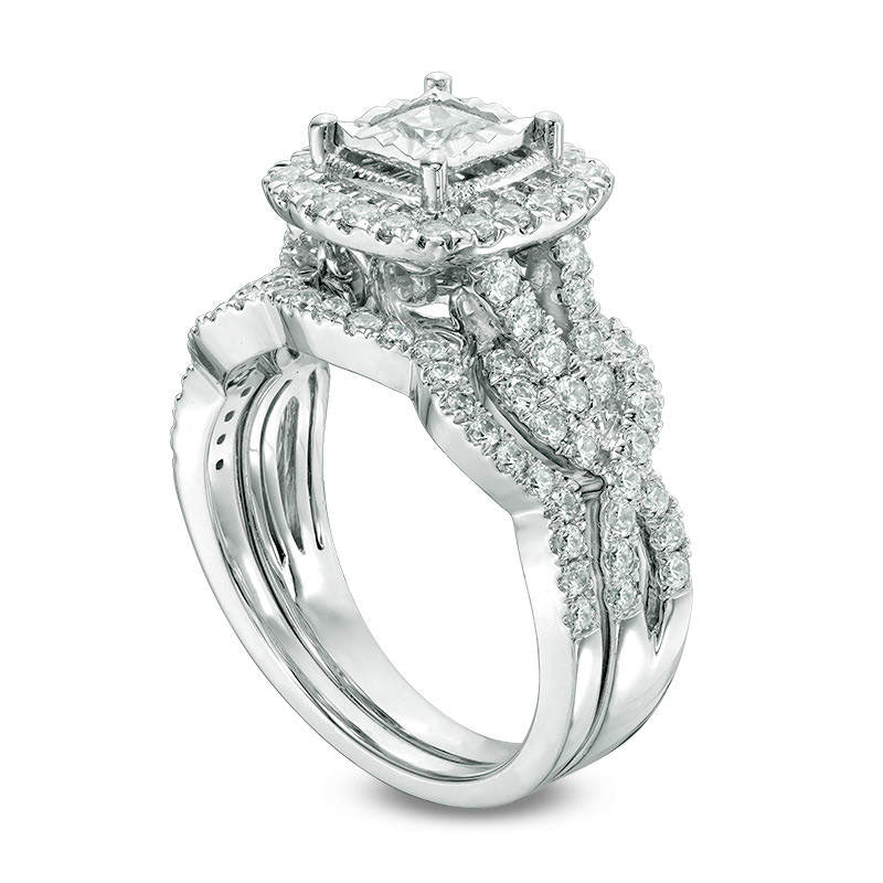 1.5 CT. T.W. Princess-Cut Natural Diamond Frame Antique Vintage-Style Twist Bridal Engagement Ring Set in Solid 14K White Gold