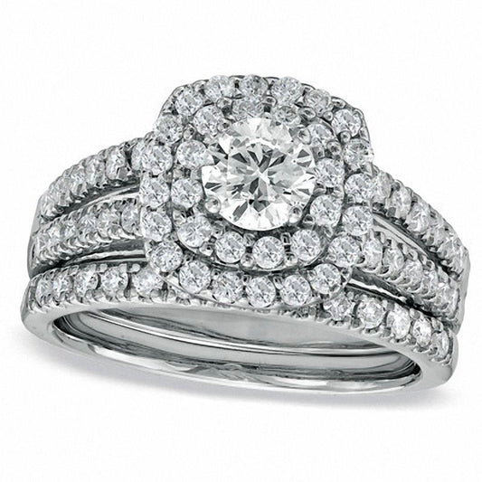 1.5 CT. T.W. Natural Diamond Double Frame Bridal Engagement Ring Set in Solid 14K White Gold