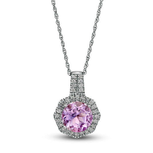 8.0mm Rose de France Amethyst and Lab-Created White Sapphire Octagonal Frame Pendant in Sterling Silver