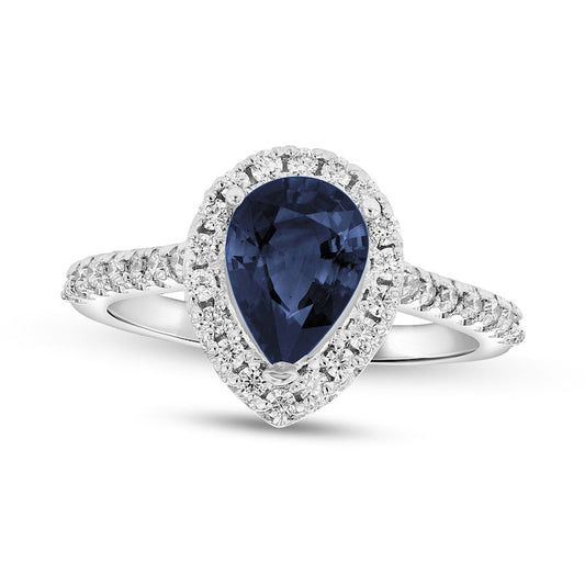Pear-Shaped Blue Sapphire and 0.38 CT. T.W. Natural Diamond Frame Ring in Solid 14K White Gold