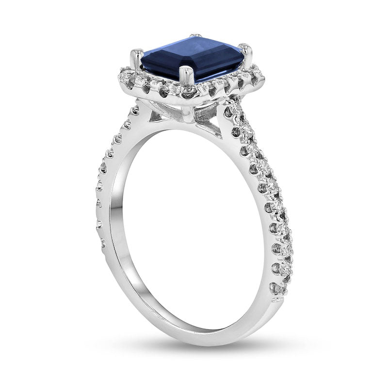 Emerald-Cut Blue Sapphire and 0.38 CT. T.W. Natural Diamond Frame Ring in Solid 14K White Gold