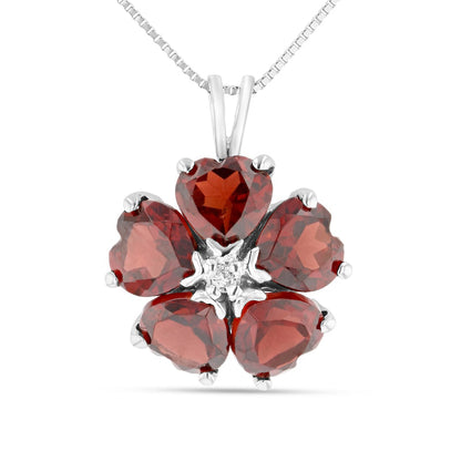 6.0mm Heart-Shaped Garnet and Natural Diamond Accent Flower Pendant in 14K White Gold