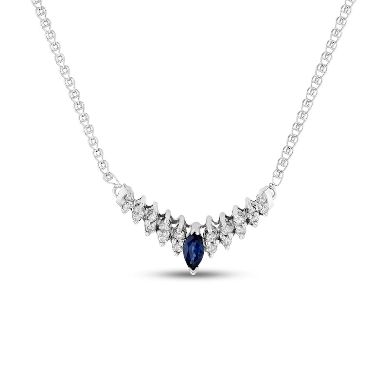 Marquise Blue Sapphire and 0.25 CT. T.W. Natural Diamond Chevron Necklace in 14K White Gold - 16.75"