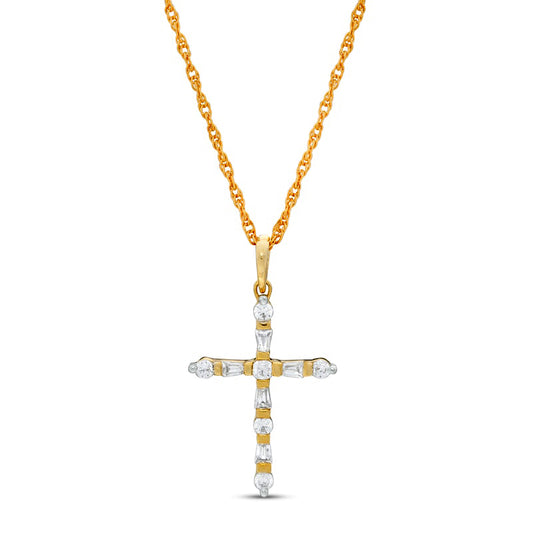 0.2 CT. T.W. Baguette and Round Natural Diamond Cross Pendant in 10K Yellow Gold