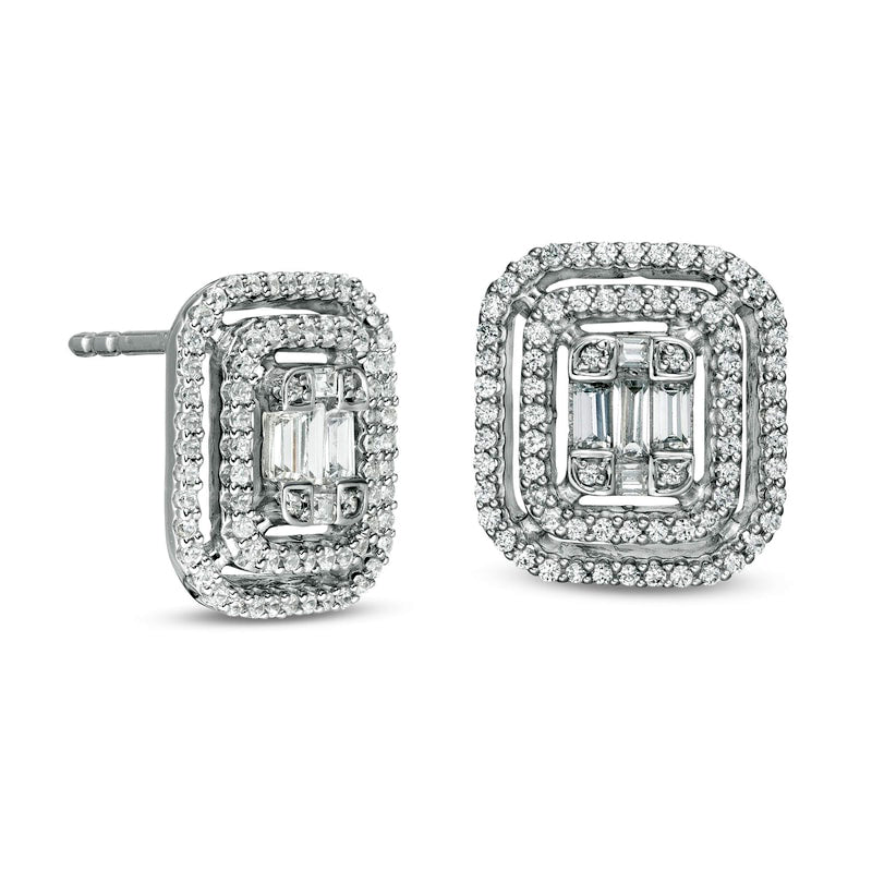 0.5 CT. T.W. Baguette and Round Diamond Double Cushion Frame Stud Earrings in 10K White Gold
