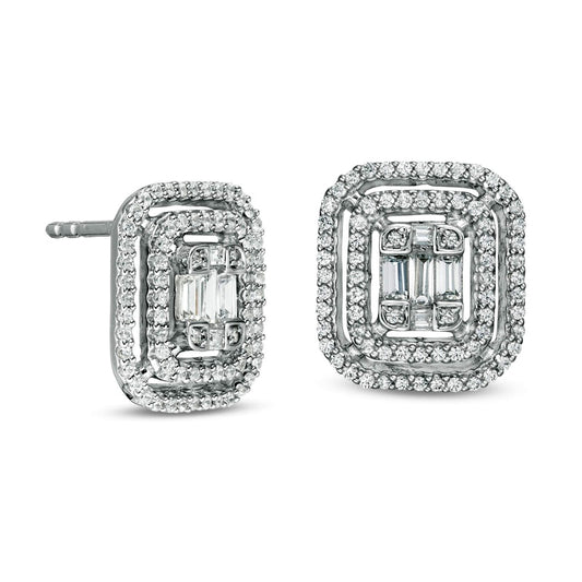 0.5 CT. T.W. Baguette and Round Diamond Double Cushion Frame Stud Earrings in 10K White Gold