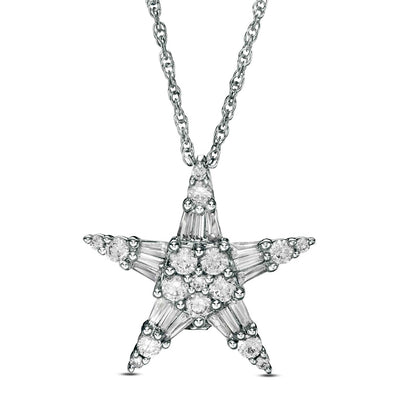 1 CT. T.W. Baguette and Round Natural Diamond Star Pendant in 10K White Gold