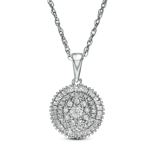 0.5 CT. T.W. Baguette and Round Natural Diamond Triple Frame Circle Pendant in 10K White Gold