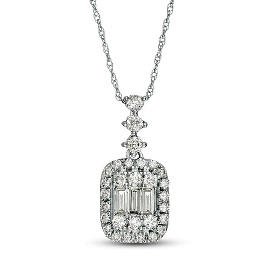 0.5 CT. T.W. Baguette and Round Natural Diamond Cushion Frame Pendant in 10K White Gold