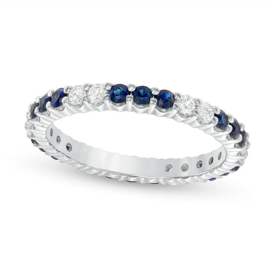 Blue Sapphire and 0.33 CT. T.W. Natural Diamond Trios Eternity Band in Solid 14K White Gold