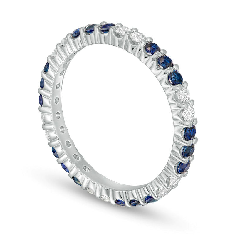 Blue Sapphire and 0.33 CT. T.W. Natural Diamond Trios Eternity Band in Solid 14K White Gold