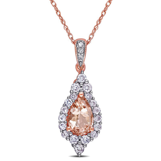 Pear-Shaped Morganite, White Sapphire and Natural Diamond Accent Frame Pendant in 10K Rose Gold - 17"