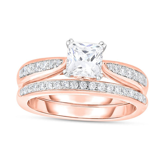 1.33 CT. T.W. Princess-Cut Natural Diamond Bridal Engagement Ring Set in Solid 14K Rose Gold